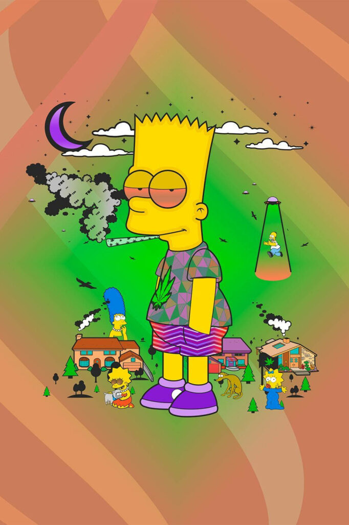 Vibrant Bart Simpson Wallpaper: Humorous Cannabis Leaf Design