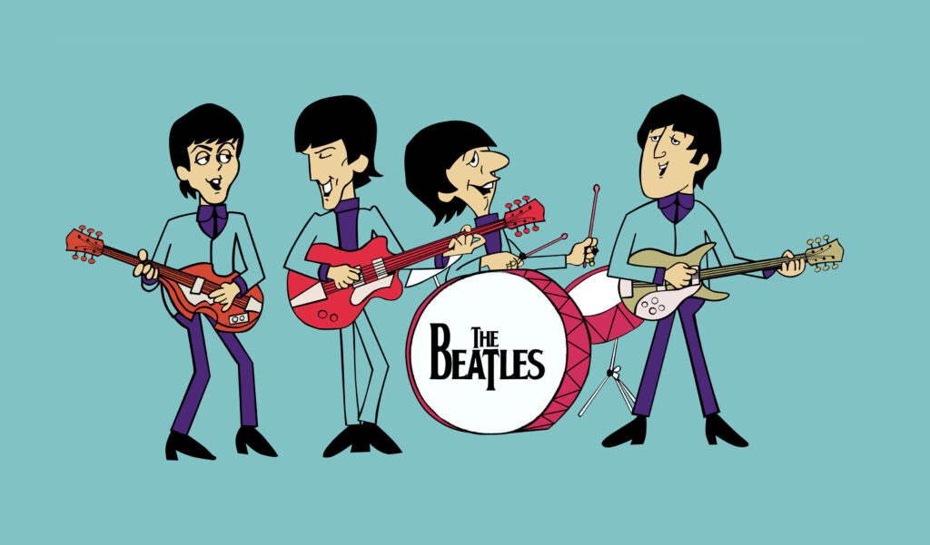Colorful Beatles cartoon wallpaper with John Lennon Paul McCartney George Harrison Ringo Starr playing instruments on blue background