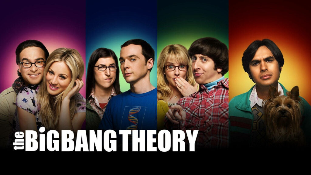 Colorful Big Bang Theory Wallpaper: Main Cast with Raj and Dog