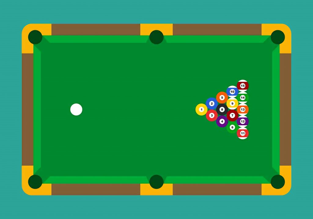 Colorful billiards table overhead with arranged balls ready for break shot wallpaper background