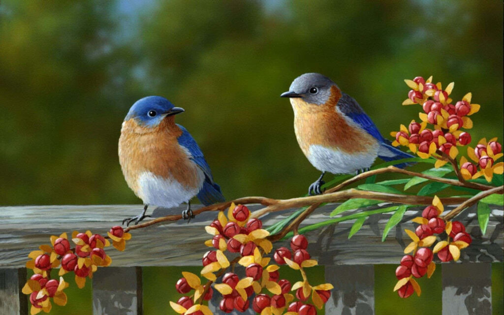 Vibrant Spring Wallpaper: Colorful Birds on Blooming Tree Branch