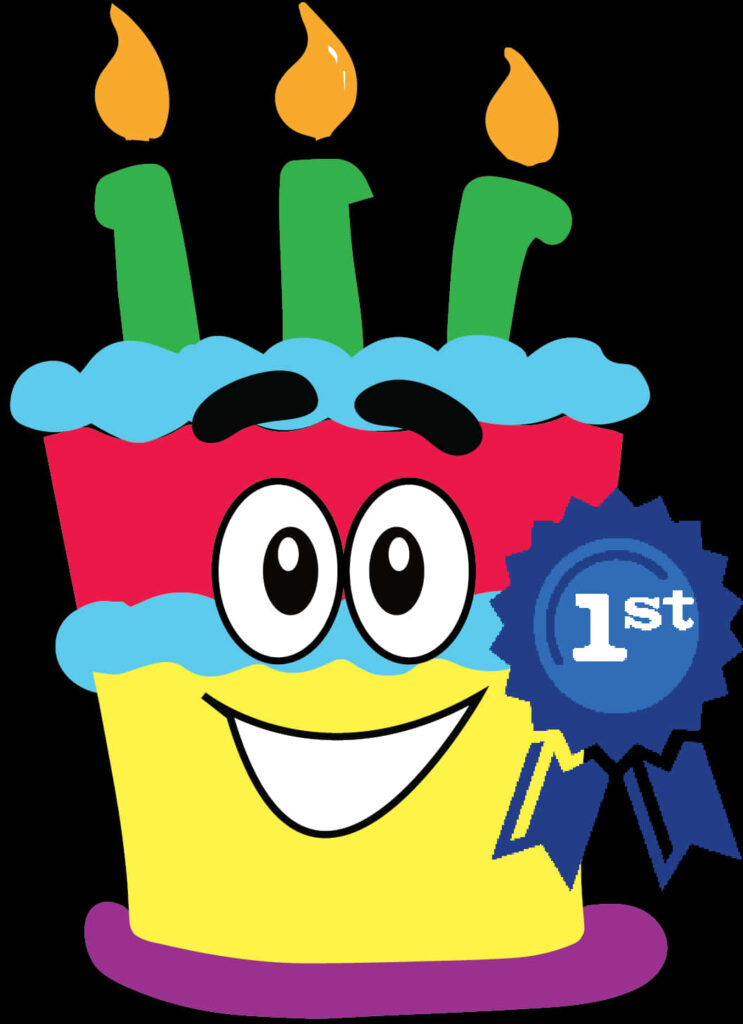 Cheerful Animated Birthday Cake Wallpaper with 1st Blue Ribbon