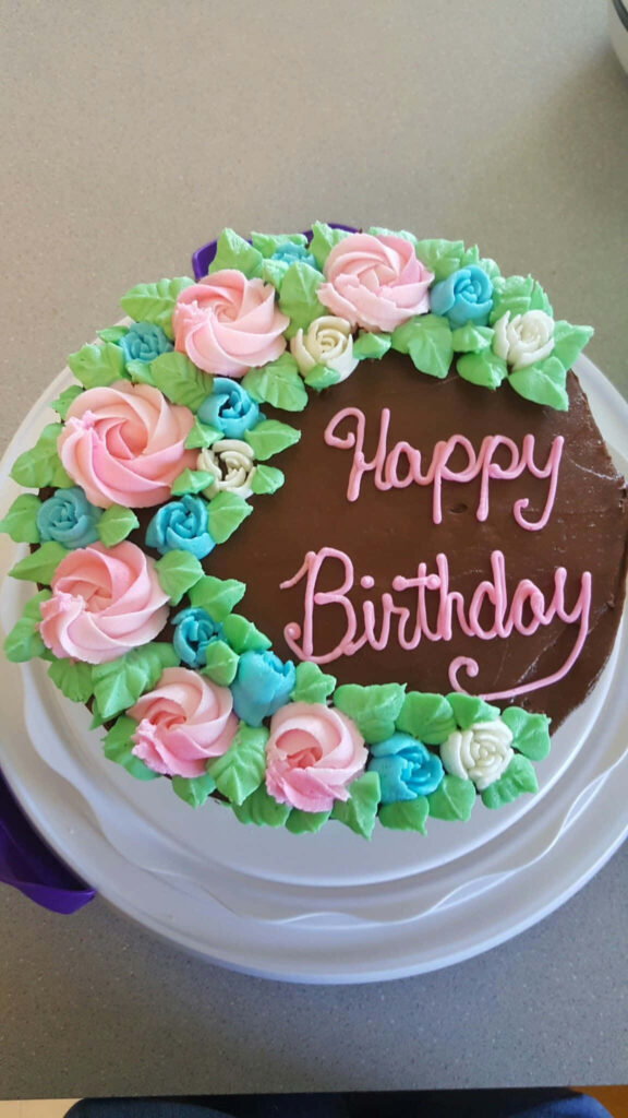Elegant Birthday Cake Wallpaper with Colorful Icing Flowers