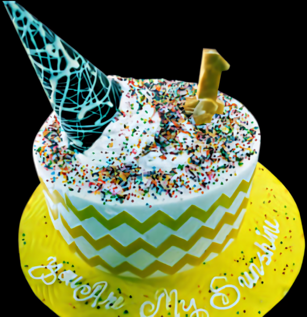 Colorful Birthday Cake Wallpaper with Festive Yellow & Zigzag Patterns