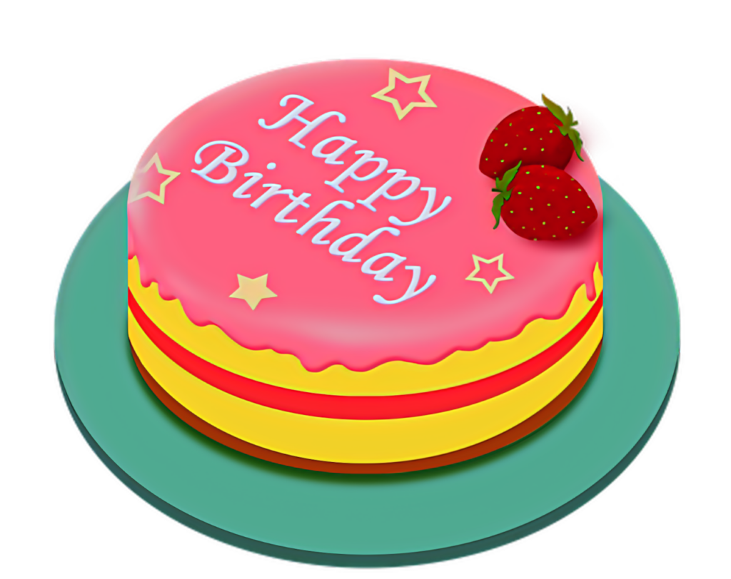 Colorful Birthday Cake with Strawberries on Teal Plate - Festive Wallpaper