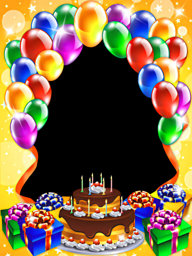 Festive Birthday Frame Wallpaper with Colorful Balloons & Cake