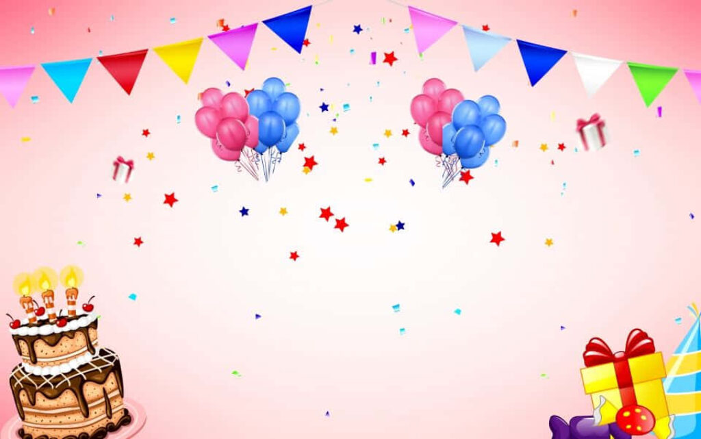 Colorful Birthday Wallpaper: Bunting, Balloons & Cake on Pink Background