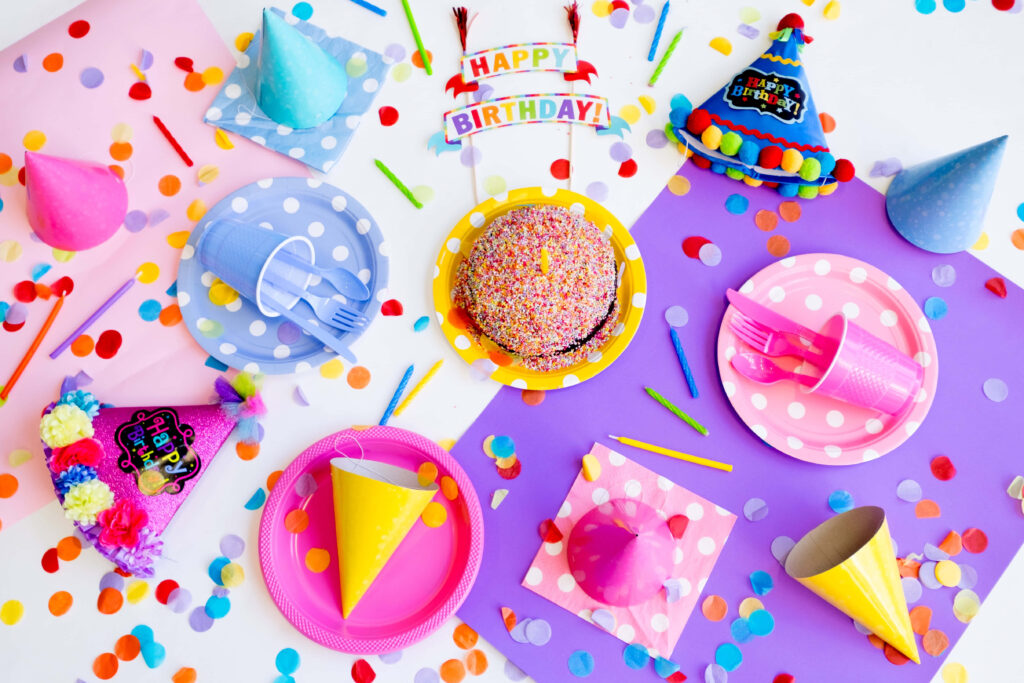 Vibrant Birthday Wallpaper with Party Hats, Confetti & Cake