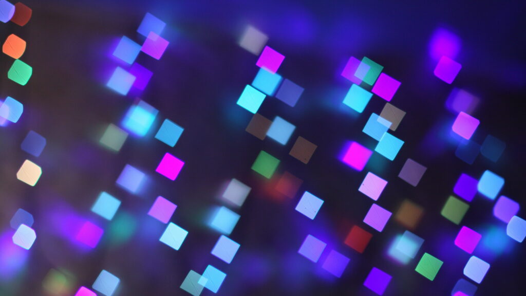 4K abstract wallpaper with vibrant square bokeh lights and glowing blue purple multicolor textures