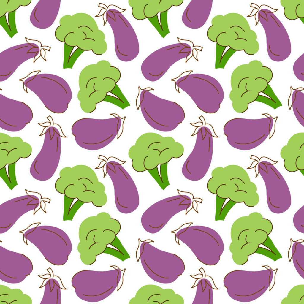 Seamless colorful broccoli and eggplants cartoon pattern on white background kitchen wallpaper