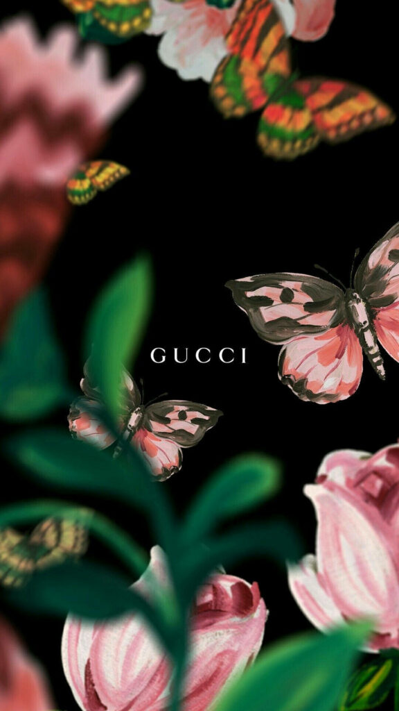Colorful Butterfly Wallpaper with Gucci Logo on Black Background
