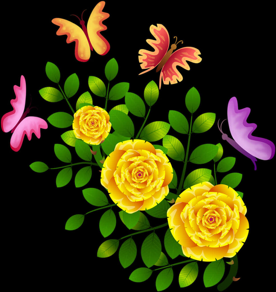 Vibrant Butterfly Wallpaper with Yellow Roses & Green Leaves