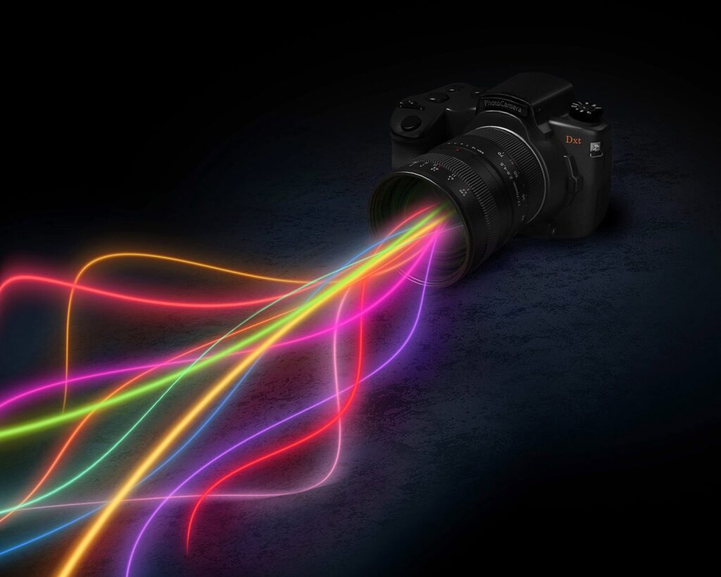 Vibrant Camera Wallpaper with Colorful Light Beams & Lens Flare