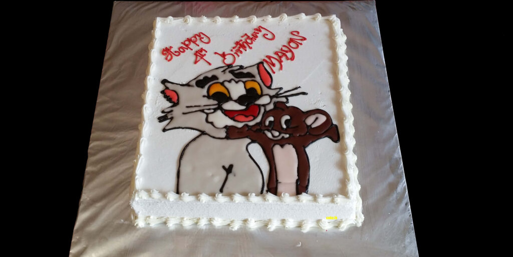 Colorful Birthday Cake with Cartoon Characters and Icing Background Wallpaper