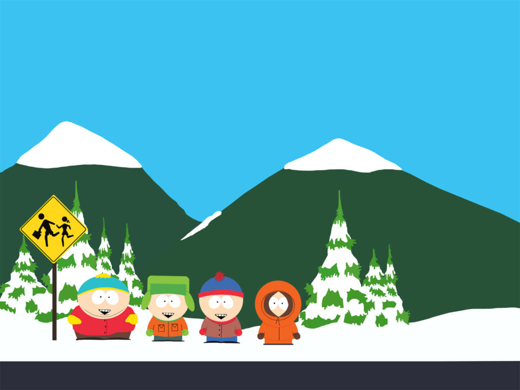 Colorful Cartoon Characters in Snowy Mountain Wallpaper Background