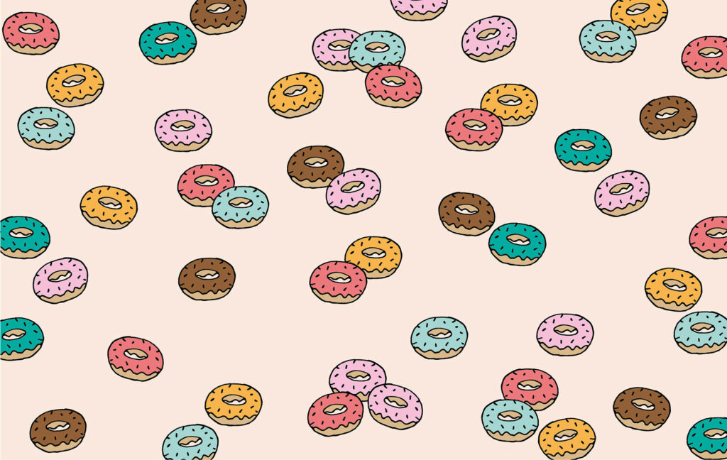 Playful colorful cartoon donuts pattern on soft beige background whimsical pastel wallpaper