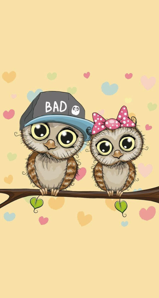 Adorable Cartoon Owls Animated Wallpaper with Colorful Hearts