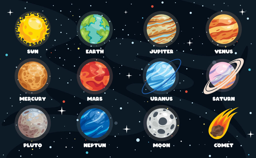 Colorful Cartoon Solar System Wallpaper: Sun, Planets & Comet