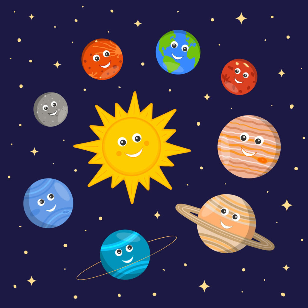 Colorful Cartoon Solar System Wallpaper: Cheerful Sun & Planets