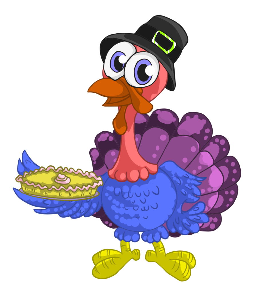 Festive Cartoon Turkey Wallpaper with Pilgrim Hat and Pie
