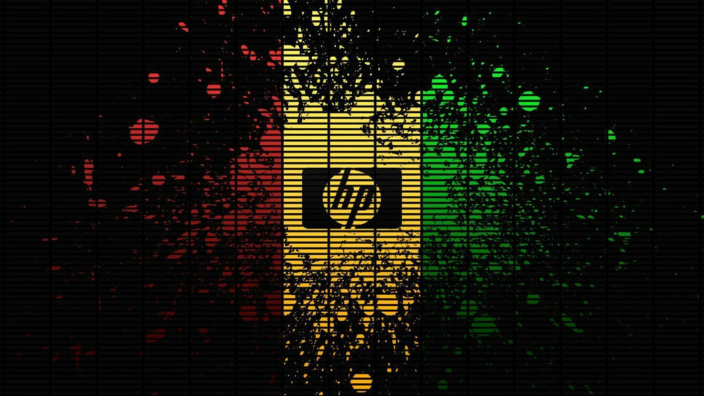 Colorful HP logo wallpaper with red yellow green ink splatters on textured black background
