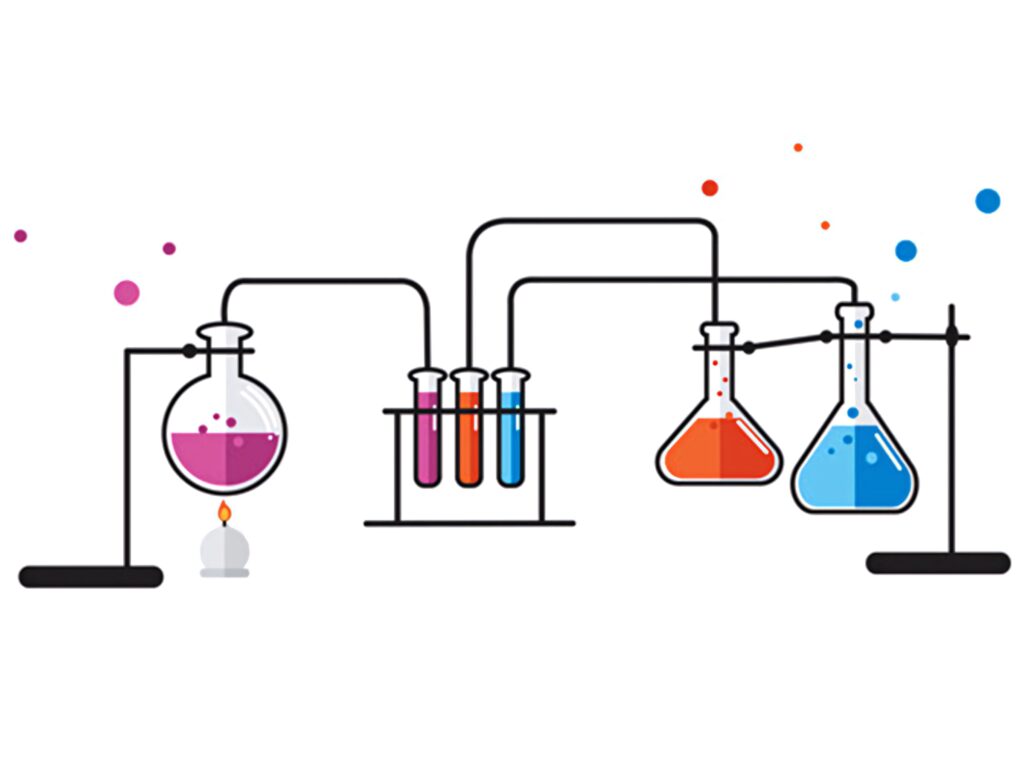 Colorful chemistry lab glassware with vibrant liquids connected by tubes on white background vector Wallpaper