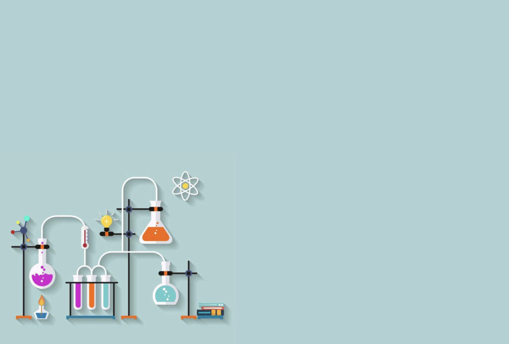 Colorful chemistry glassware with vibrant liquids on pastel blue background and scientific icons Wallpaper