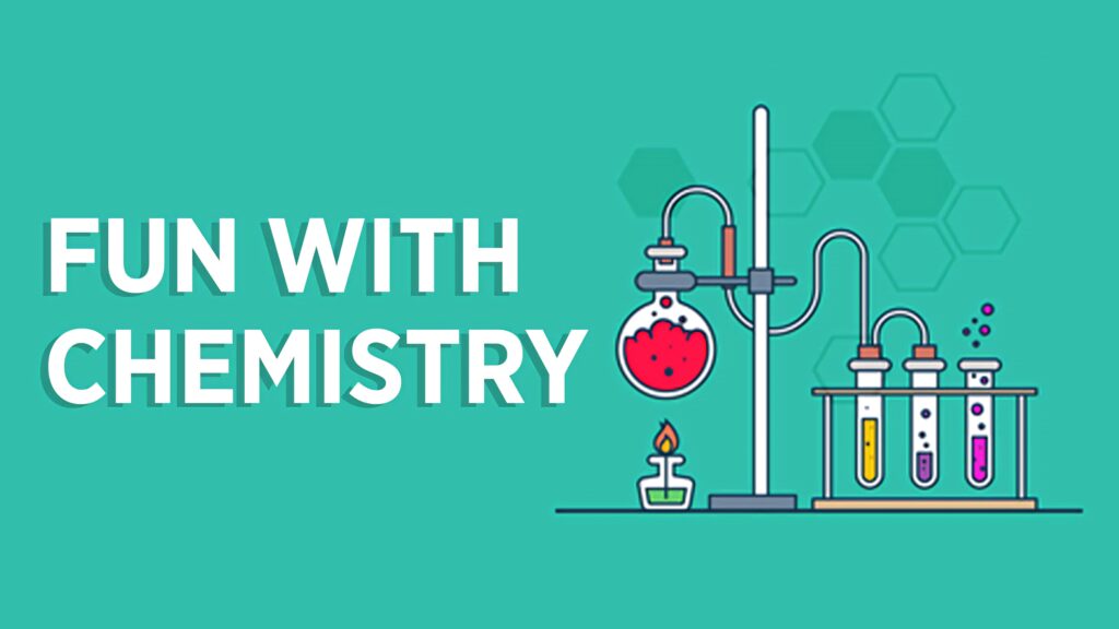 Colorful chemistry wallpaper with bubbling test tubes and hexagonal teal background pattern