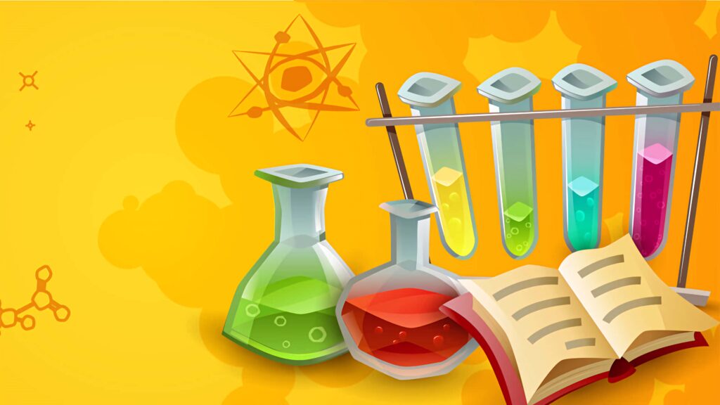 Colorful chemistry wallpaper with test tubes and flasks filled with vibrant liquids on yellow background