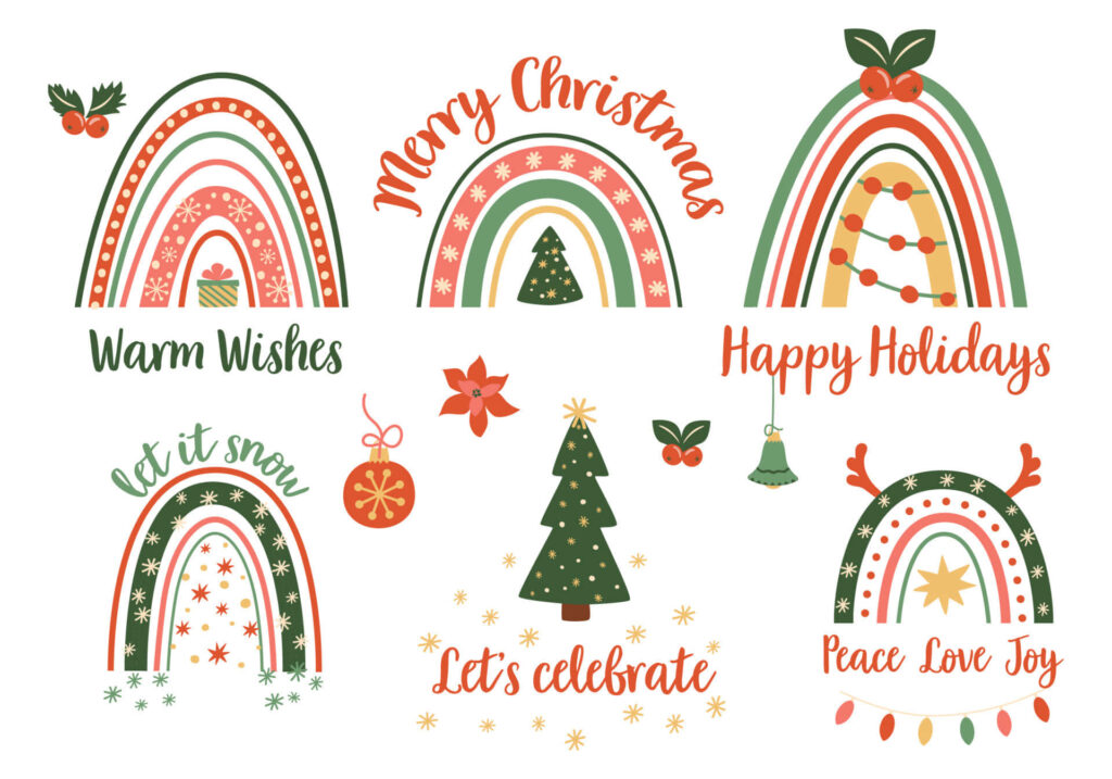 Colorful Christmas Rainbow Wallpaper with Holiday Symbols & Greetings