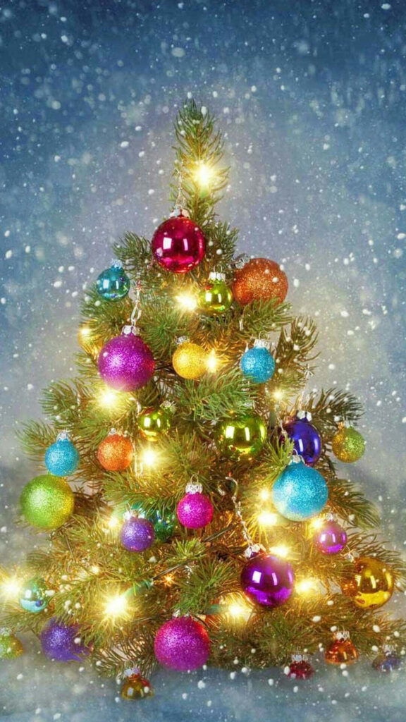 Festive Christmas Tree with Colorful Baubles in Snowy Background Wallpaper