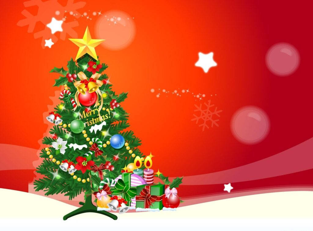 Colorful Christmas Tree Wallpaper with Snowflakes & Cheerful Red Background