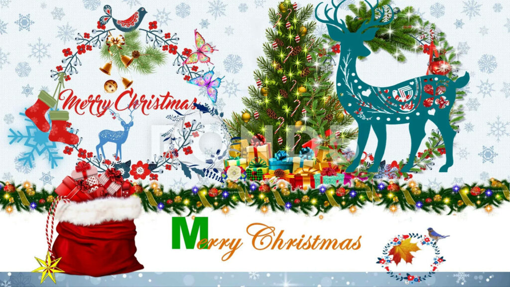 Vibrant Christmas Wallpaper: Tree, Reindeer & Merry Snowflakes