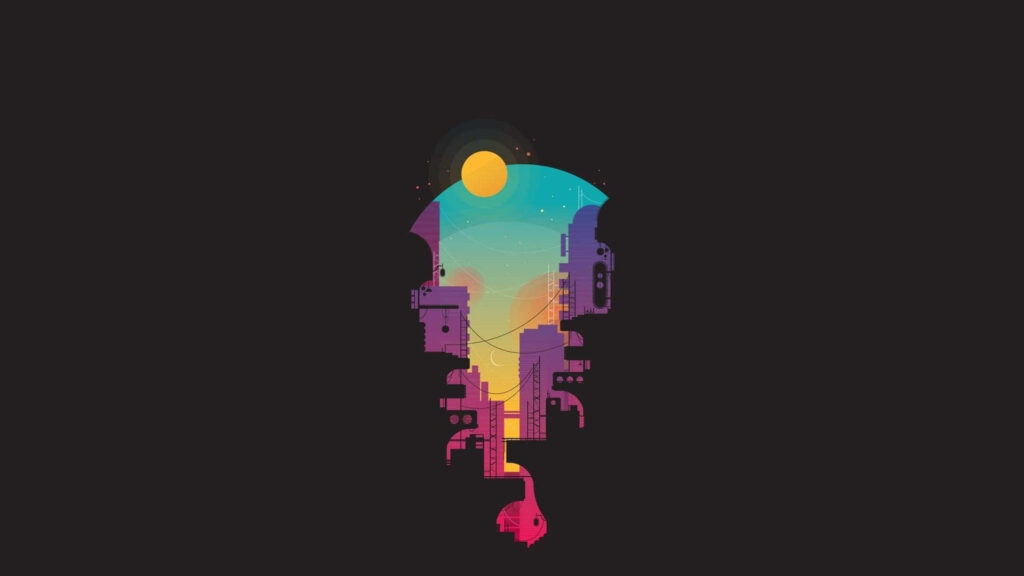 Colorful Cityscape Minimalist Wallpaper on Black Background (1920x1080)