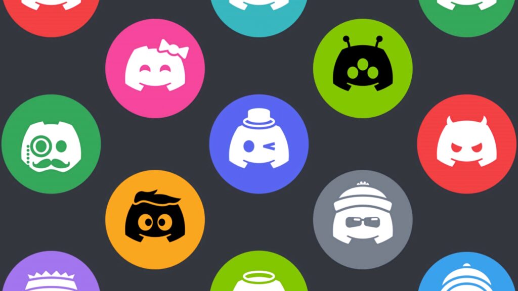 Colorful Discord Clyde logo icons with fun costumes and expressions on dark wallpaper background