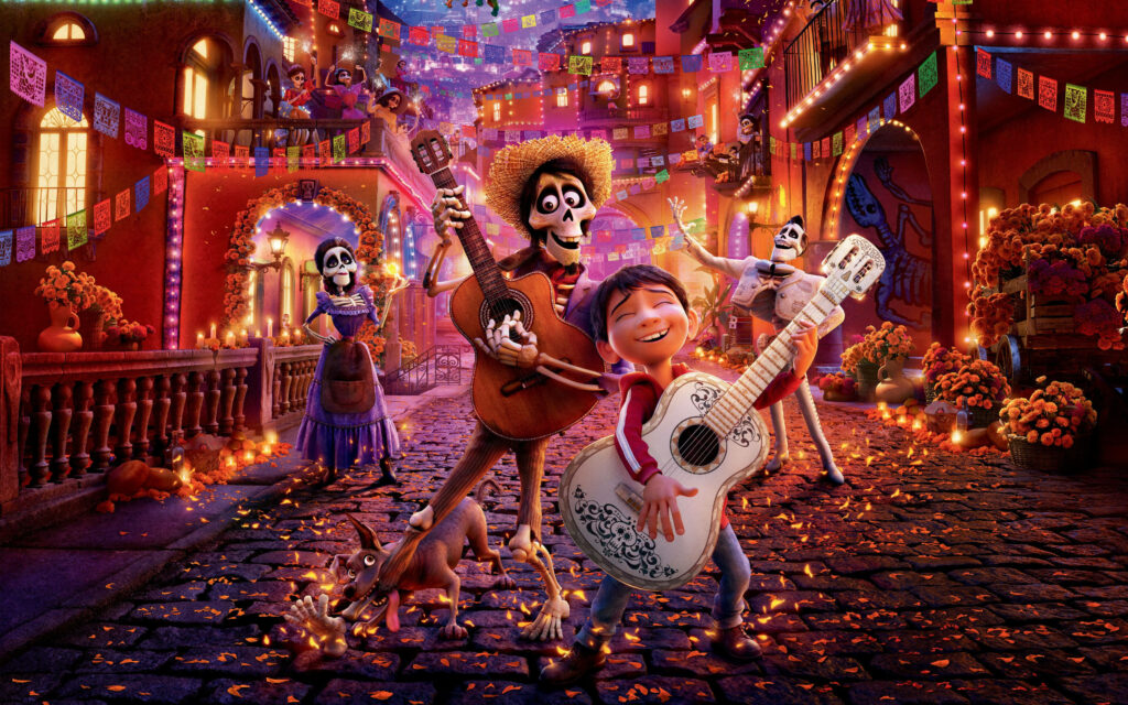 Vibrant Coco Characters Night Wallpaper - Colorful Festive Background