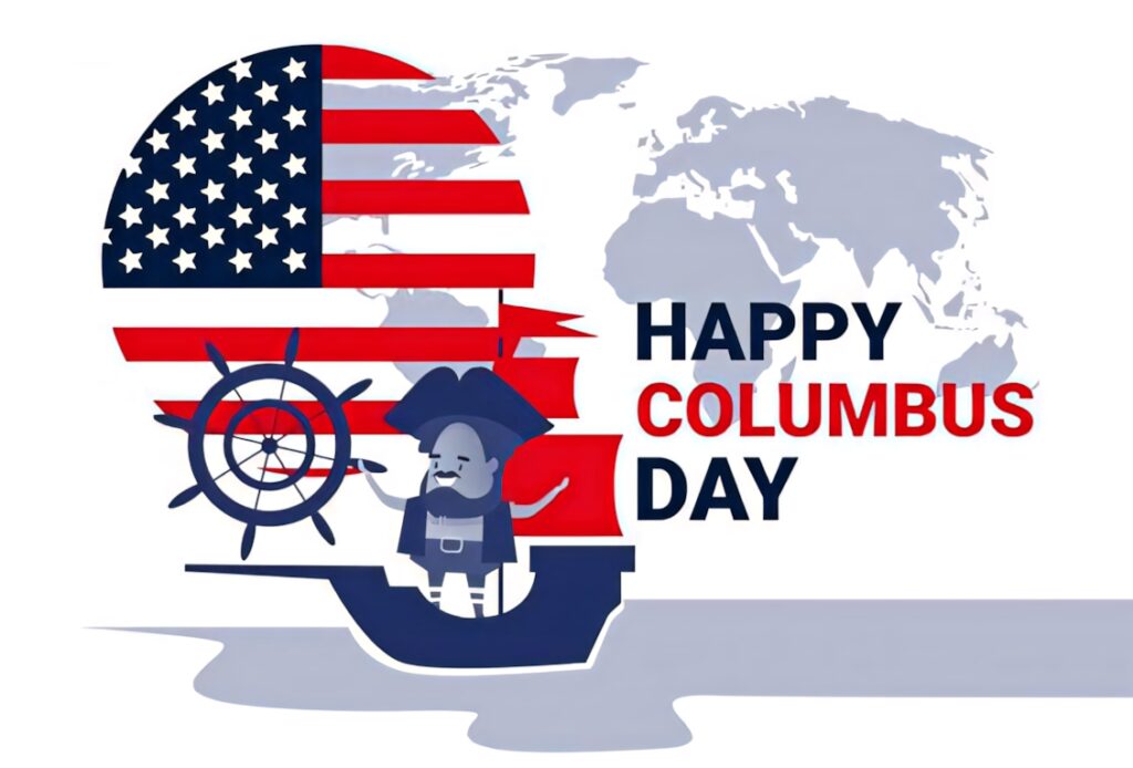 Colorful Columbus Day wallpaper with cartoon Columbus on ship American flag world map background