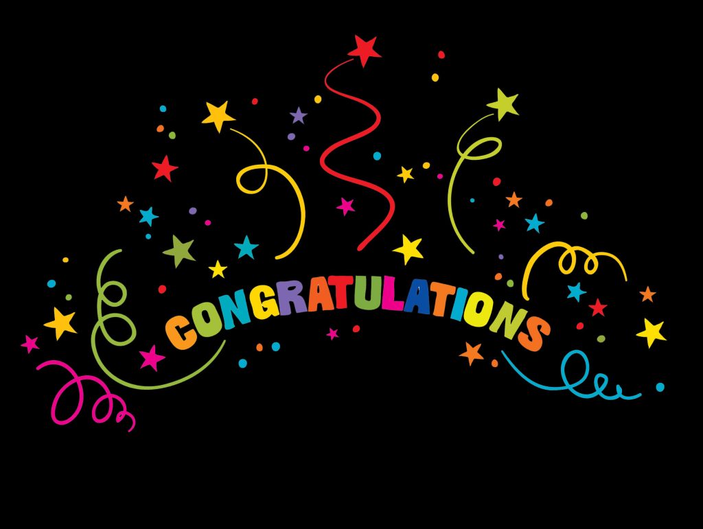 Colorful Congratulations text with stars and curly streamers on black festive background clipart Wallpaper