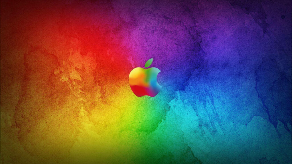 Apple logo centered on vibrant rainbow watercolor background artistic tech wallpaper design