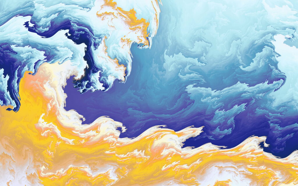 Abstract digital art wallpaper with swirling yellow navy blue and white fluid waves QHD background