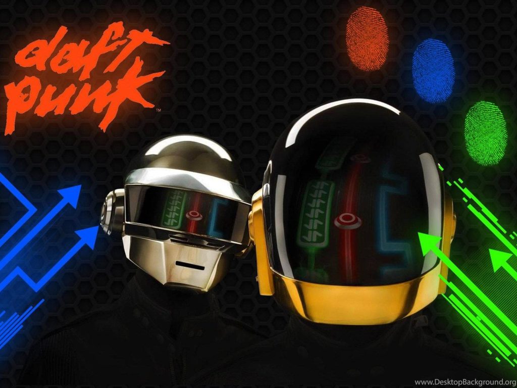 Daft Punk helmets HD wallpaper with gold black helmets dark honeycomb neon arrows fingerprint