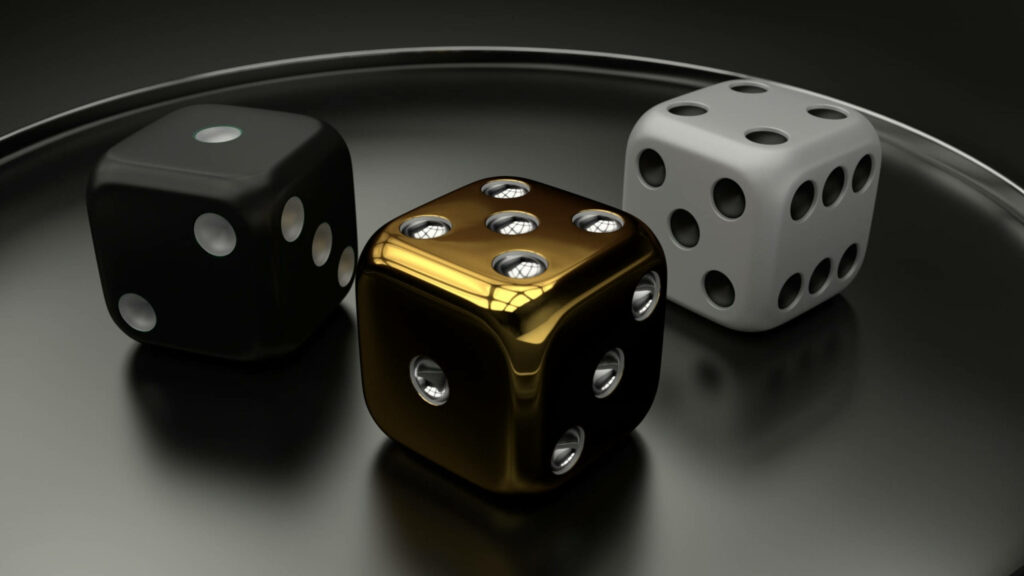 Colorful Dice Wallpaper: Black, Gold & White on Dark Background