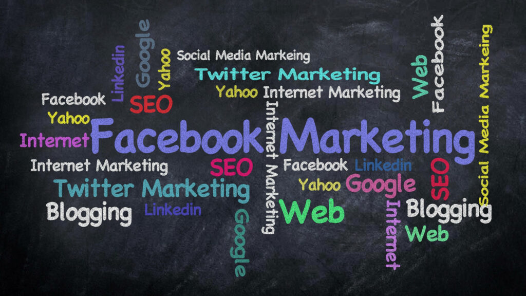 Colorful digital marketing word cloud on chalkboard background with Facebook SEO social media terms Wallpaper