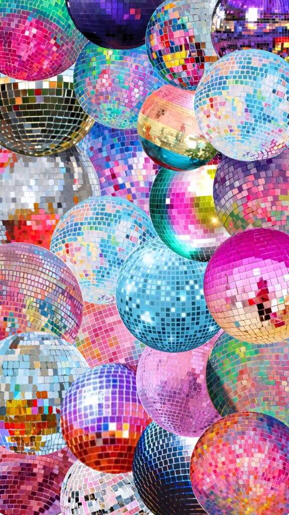 Colorful disco balls wallpaper with shimmering mosaic tiles reflecting vibrant festive party lights