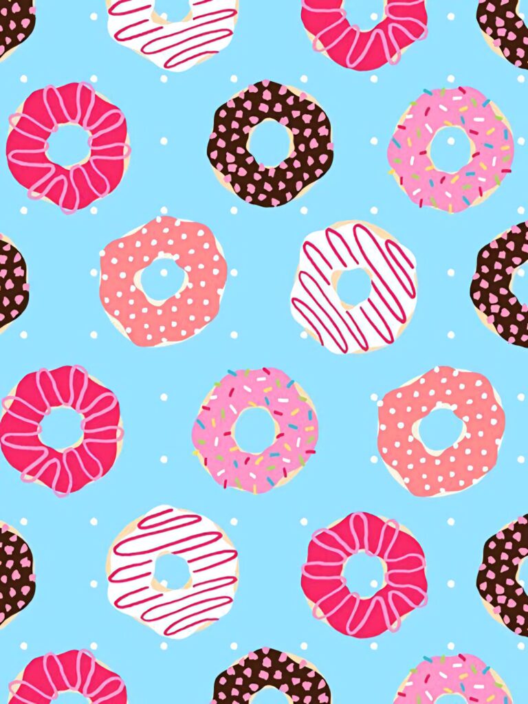 Colorful playful donut wallpaper with pink chocolate white icing and sprinkles on blue background