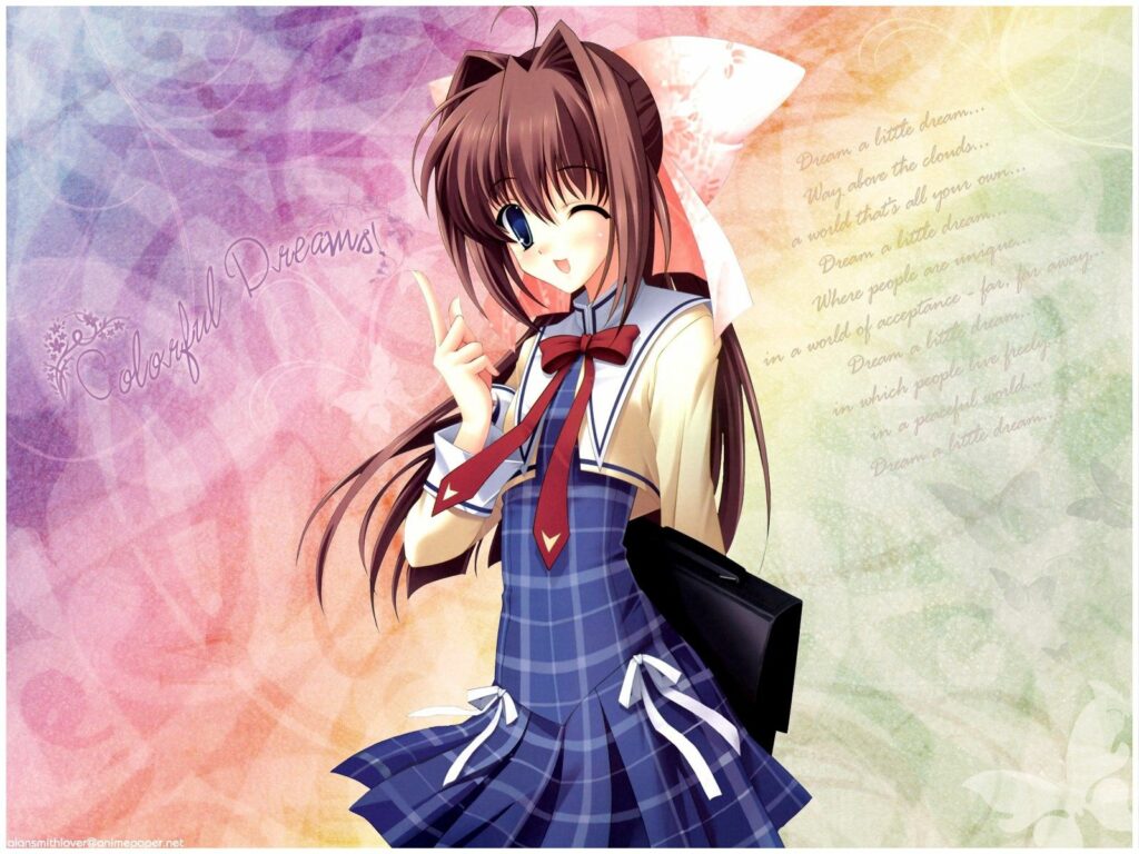 Colorful Dreams: Anime Girl Wallpaper with Bow & Whimsical Background