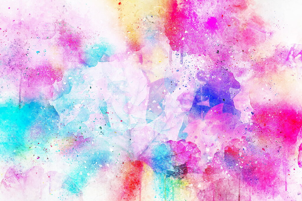 Rainbow Spots: A Bright Abstract Watercolor Painting in Pink, Blue, and Yellow for QHD Wallpaper Background Photo