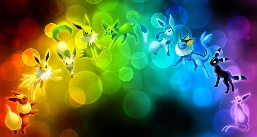 Vibrant Eevee Evolution Wallpaper with Colorful Rainbow Background