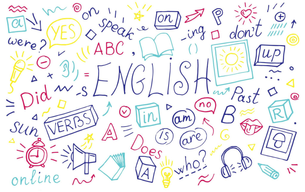 Colorful English wallpaper with hand-drawn language learning doodles verbs questions grammar elements