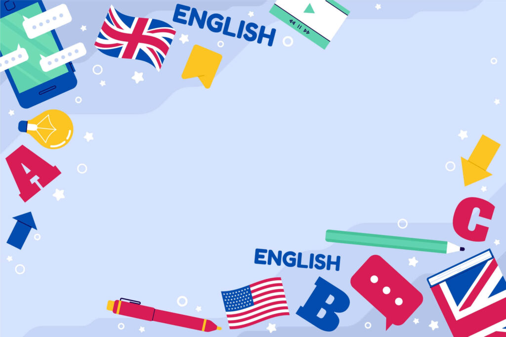 Colorful English learning wallpaper with flags pencils letters and chat icons on blue background